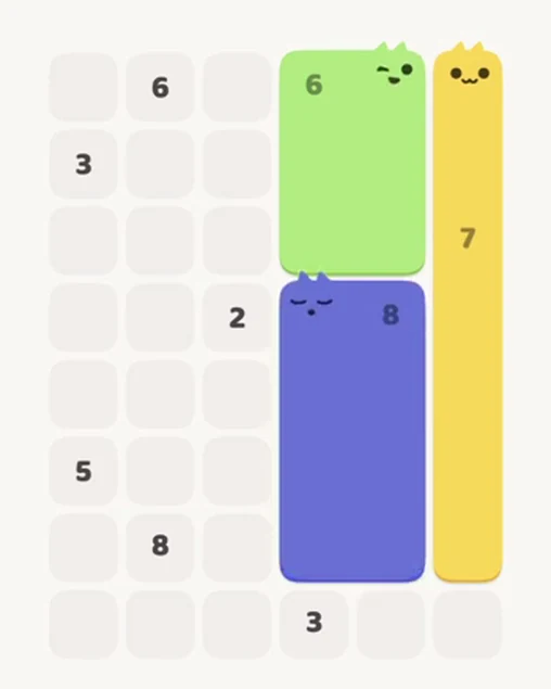MeowBlock Level 27 after step 3, placing the 8-cell rectangular block at the lower-right area