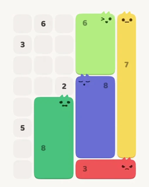 MeowBlock Level 27 after step 5, placing the 8-cell rectangular block at the lower center