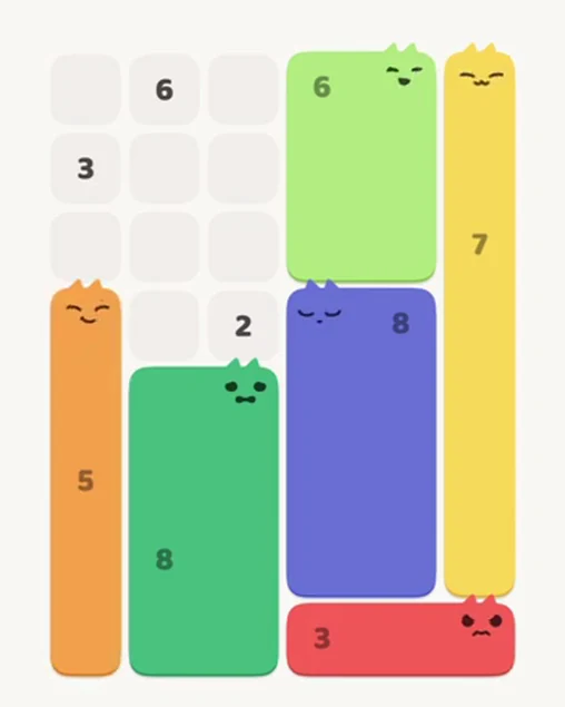 MeowBlock Level 27 after step 6, placing the 5-cell vertical block at the lower-left area