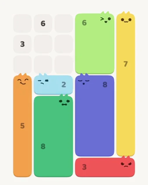 MeowBlock Level 27 after step 7, placing the 2-cell horizontal block at the middle center
