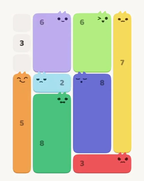 MeowBlock Level 27 after step 8, placing the 6-cell rectangular block at the upper center