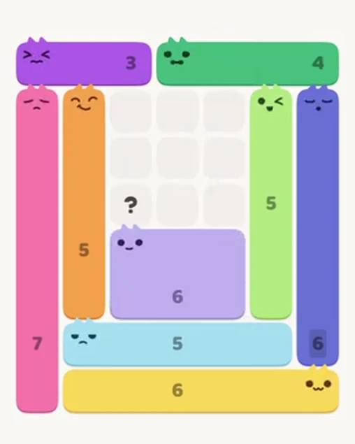 MeowBlock Level 28 after step 9, placing the 6-cell rectangular block at the lower center