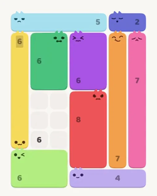 MeowBlock Level 29 after step 10, placing the 6-cell rectangular block at the lower-left area
