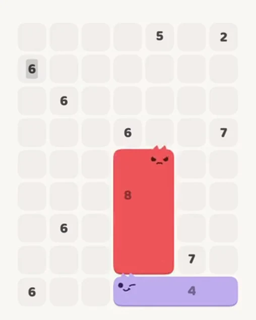 MeowBlock Level 29 after step 2, placing the 8-cell rectangular block at the lower center