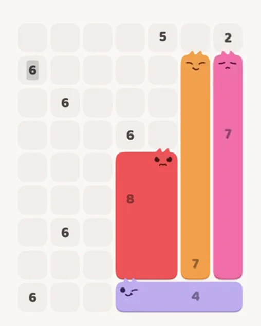 MeowBlock Level 29 after step 4, placing the 7-cell vertical block at the middle-right area