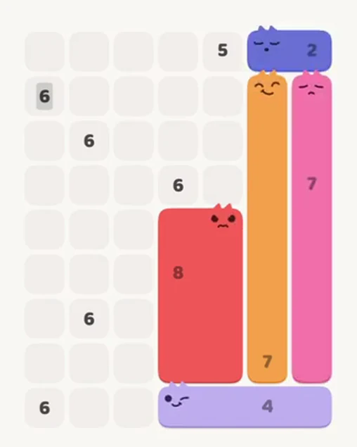 MeowBlock Level 29 after step 5, placing the 2-cell horizontal block at the upper-right area