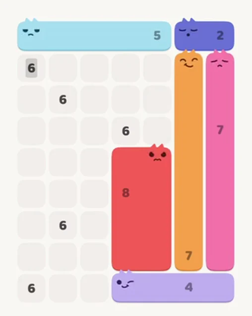 MeowBlock Level 29 after step 6, placing the 5-cell horizontal block at the upper center