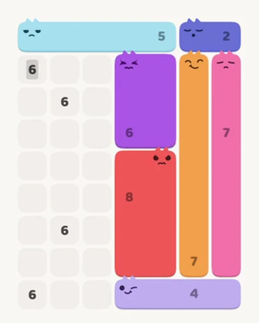 MeowBlock Level 29 after step 7, placing the 6-cell rectangular block at the upper center