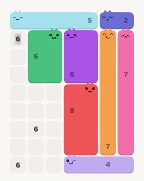 MeowBlock Level 29 after step 8, placing the 6-cell rectangular block at the upper center