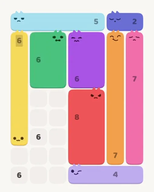 MeowBlock Level 29 after step 9, placing the 6-cell vertical block at the middle-left area