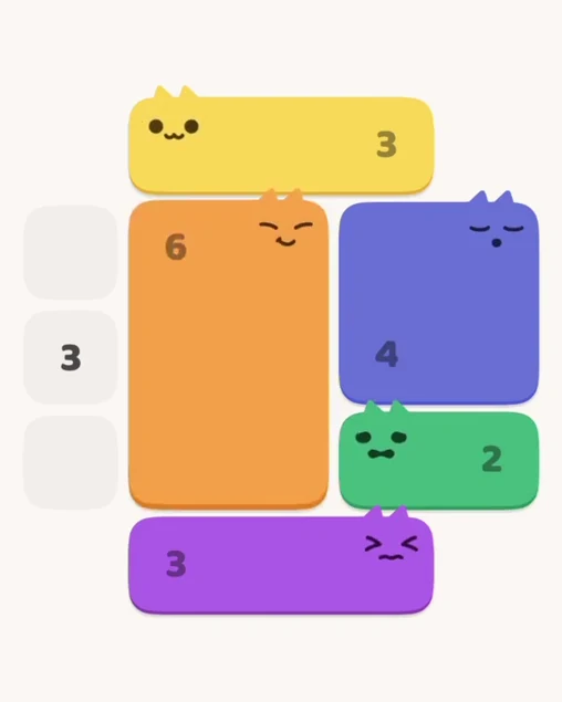 MeowBlock Level 3 after step 5, placing the 6-cell rectangular block at the middle center