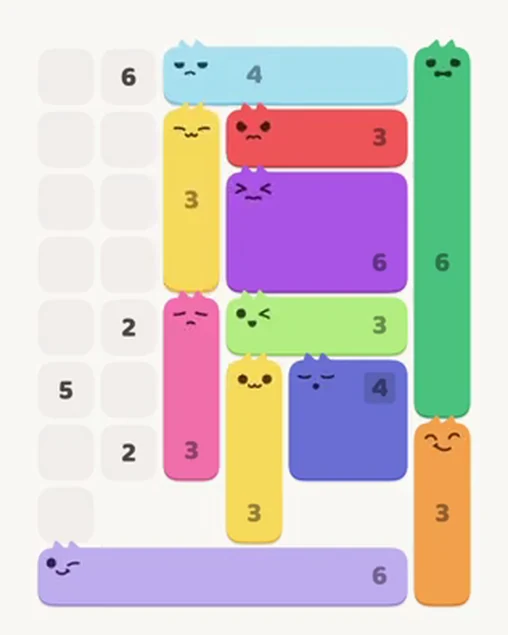 MeowBlock Level 31 after step 11, placing the 3-cell vertical block at the upper center