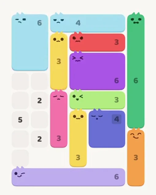 MeowBlock Level 31 after step 12, placing the 6-cell rectangular block at the upper-left area