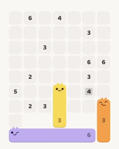 MeowBlock Level 31 after step 3, placing the 3-cell vertical block at the lower center
