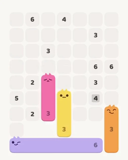 MeowBlock Level 31 after step 4, placing the 3-cell vertical block at the lower center
