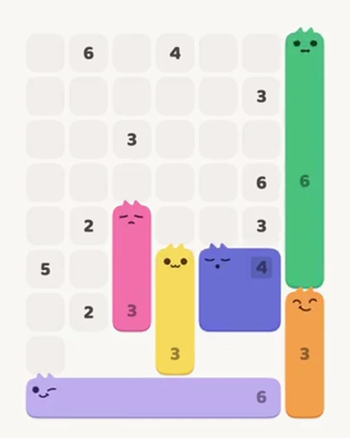 MeowBlock Level 31 after step 6, placing the 6-cell vertical block at the middle-right area