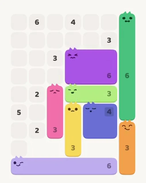 MeowBlock Level 31 after step 8, placing the 6-cell rectangular block at the middle-right area
