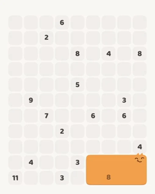 MeowBlock Level 32 after step 1, placing the 8-cell rectangular block at the lower-right area