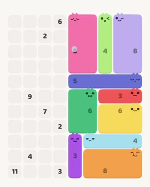 MeowBlock Level 32 after step 10, placing the 8-cell rectangular block at the upper center
