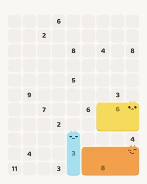 MeowBlock Level 32 after step 3, placing the 6-cell rectangular block at the lower-right area