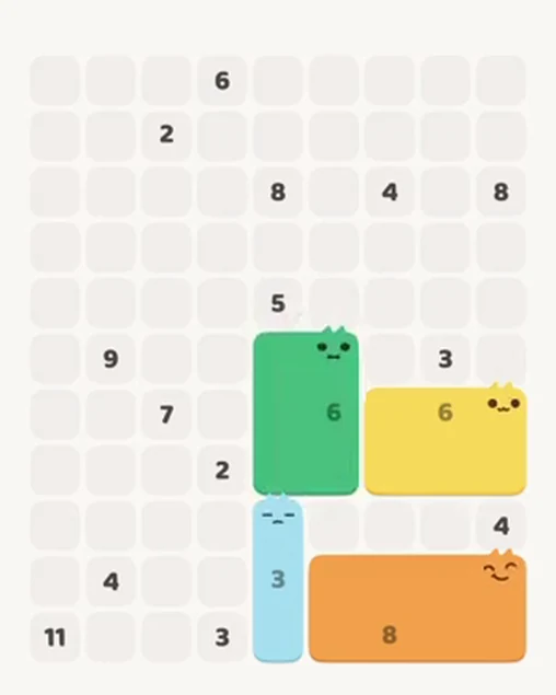 MeowBlock Level 32 after step 4, placing the 6-cell rectangular block at the middle center