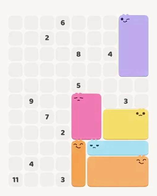 MeowBlock Level 32 after step 6, placing the 8-cell rectangular block at the upper-right area