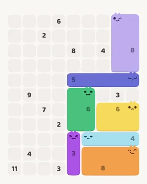 MeowBlock Level 32 after step 7, placing the 5-cell horizontal block at the middle-right area