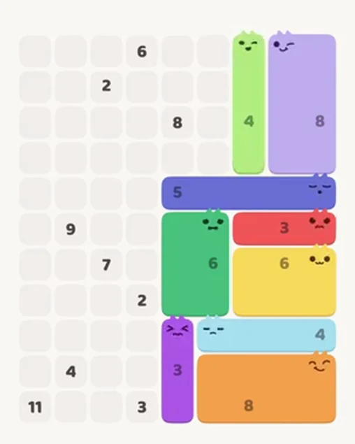MeowBlock Level 32 after step 9, placing the 4-cell vertical block at the upper-right area
