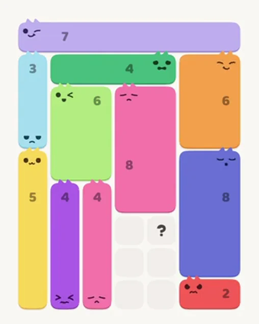 MeowBlock Level 33 after step 11, placing the 4-cell vertical block at the lower center