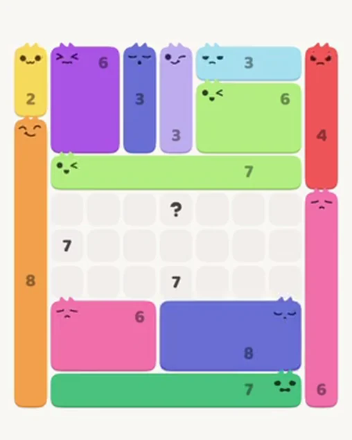 MeowBlock Level 34 after step 13, placing the 8-cell rectangular block at the lower-right area