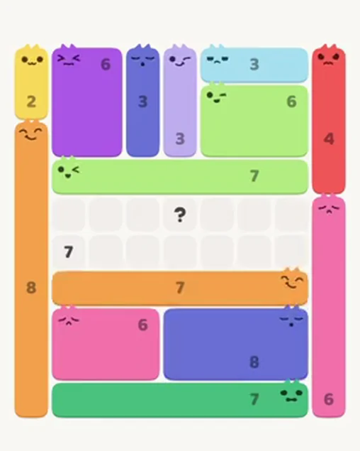 MeowBlock Level 34 after step 14, placing the 7-cell horizontal block at the lower center