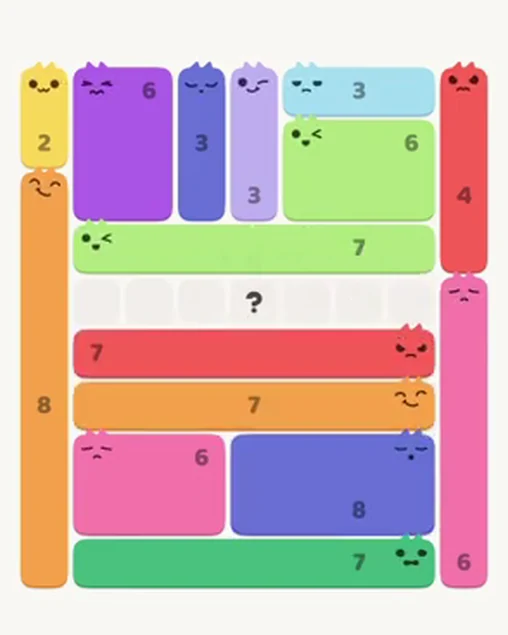 MeowBlock Level 34 after step 15, placing the 7-cell horizontal block at the middle center