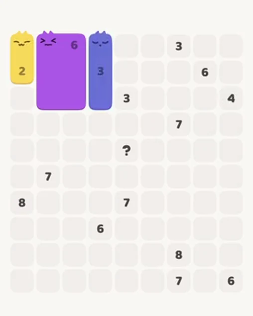 MeowBlock Level 34 after step 3, placing the 3-cell vertical block at the upper center