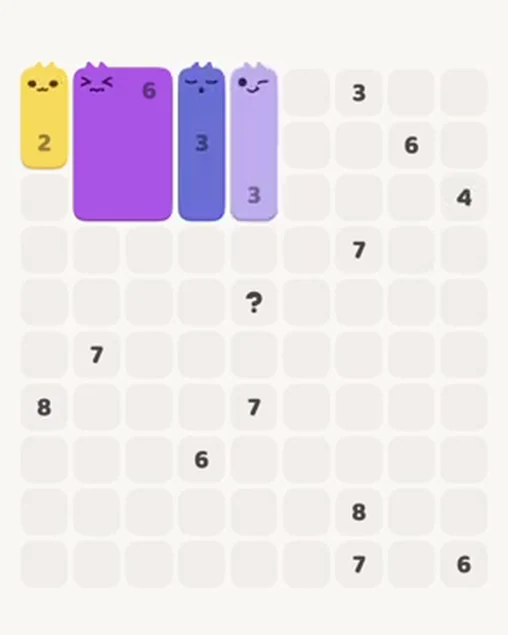 MeowBlock Level 34 after step 4, placing the 3-cell vertical block at the upper center