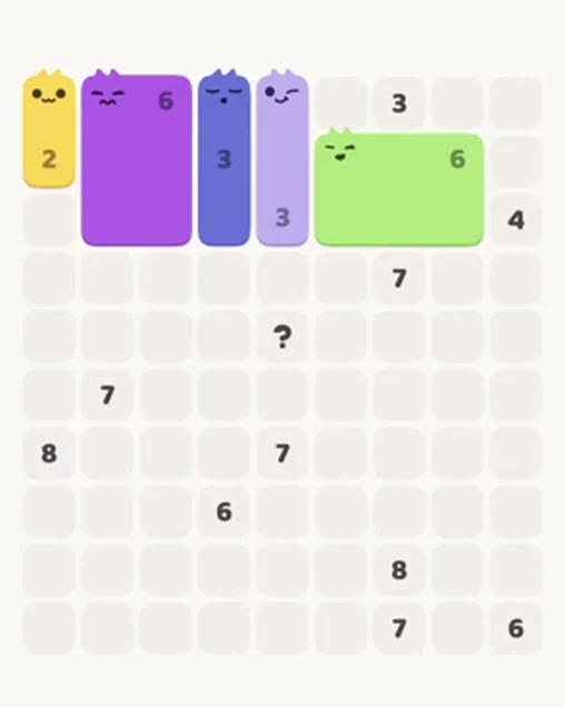 MeowBlock Level 34 after step 5, placing the 6-cell rectangular block at the upper-right area