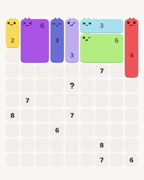 MeowBlock Level 34 after step 7, placing the 4-cell vertical block at the upper-right area