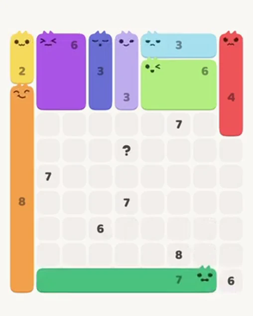MeowBlock Level 34 after step 9, placing the 7-cell horizontal block at the lower center