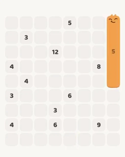 MeowBlock Level 35 after step 1, placing the 5-cell vertical block at the upper-right area