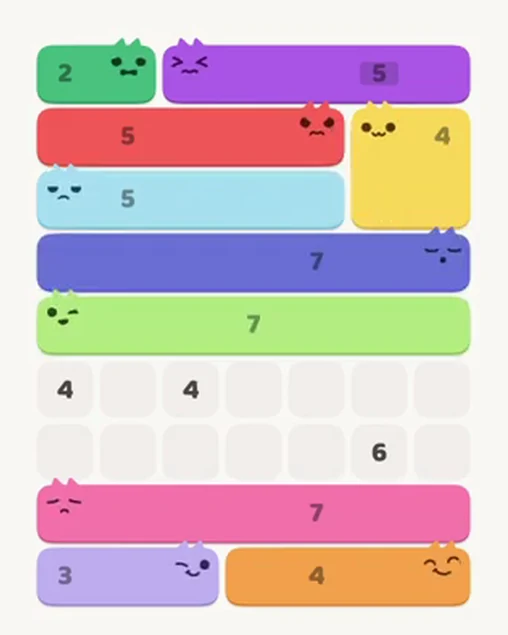 MeowBlock Level 36 after step 10, placing the 7-cell horizontal block at the middle center