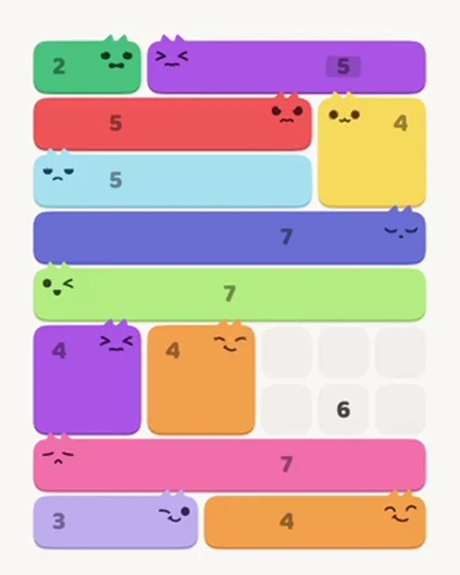 MeowBlock Level 36 after step 12, placing the 4-cell square block at the lower center
