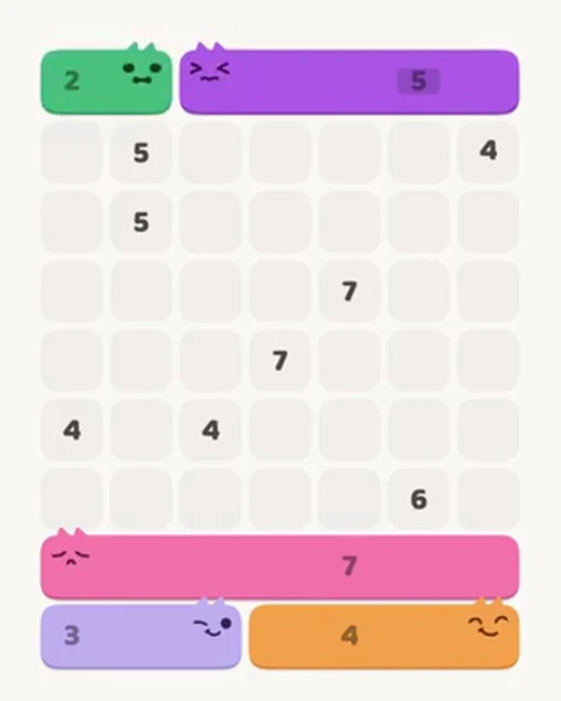 MeowBlock Level 36 after step 5, placing the 2-cell horizontal block at the upper-left area
