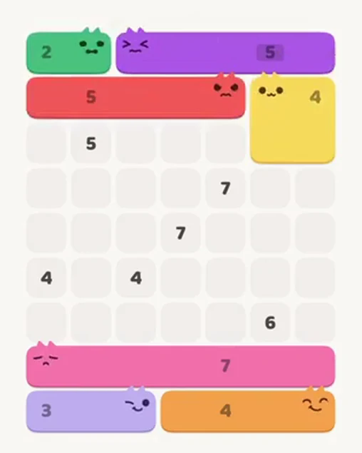 MeowBlock Level 36 after step 7, placing the 4-cell square block at the upper-right area