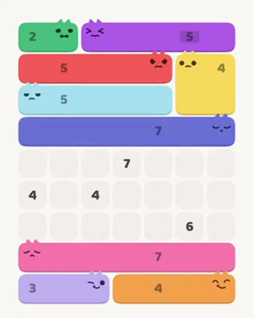 MeowBlock Level 36 after step 9, placing the 7-cell horizontal block at the middle center