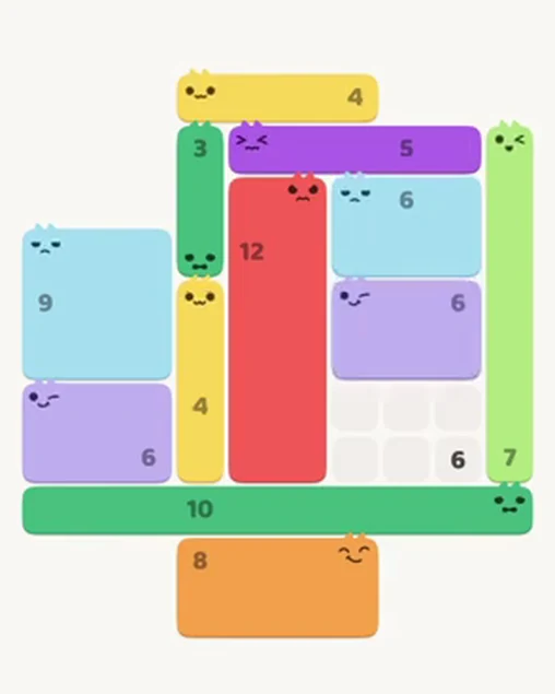 MeowBlock Level 37 after step 12, placing the 6-cell rectangular block at the middle-right area