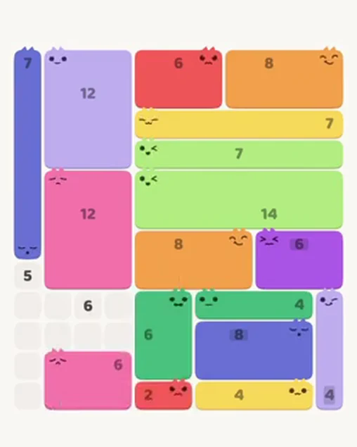 MeowBlock Level 38 after step 17, placing the 6-cell rectangular block at the lower-left area