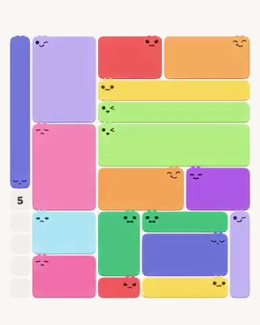 MeowBlock Level 38 after step 18, placing the 6-cell rectangular block at the lower-left area