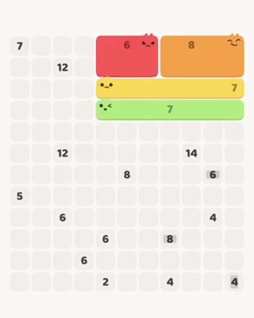 MeowBlock Level 38 after step 4, placing the 6-cell rectangular block at the upper center