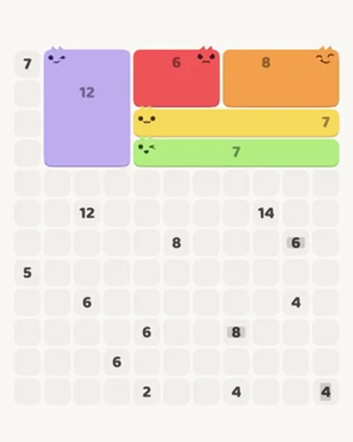 MeowBlock Level 38 after step 5, placing the 12-cell rectangular block at the upper-left area