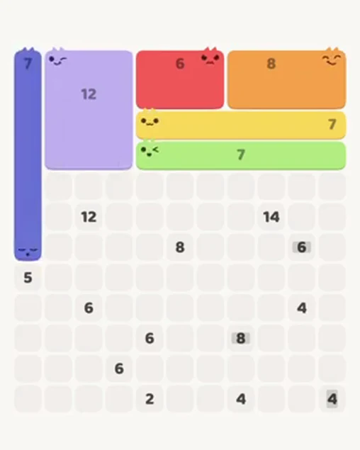 MeowBlock Level 38 after step 6, placing the 7-cell vertical block at the upper-left area