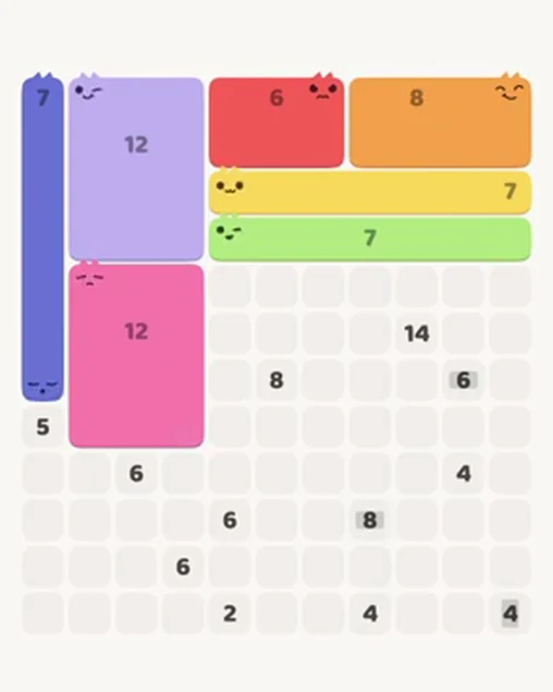 MeowBlock Level 38 after step 7, placing the 12-cell rectangular block at the middle-left area